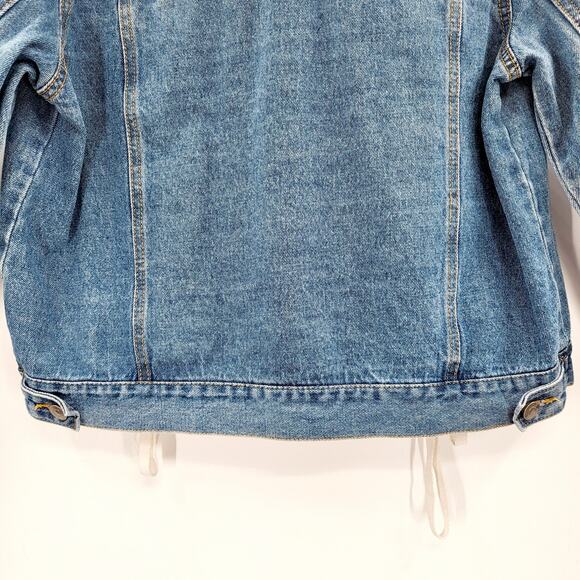 Love Tree Denim Blue Trucker Jacket 100% Cotton Long-sleeve Lace Up Women's Sz L - Picture 6 of 10